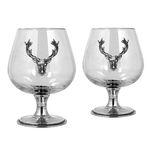 Double Brandy Cognac Snifter Glass Set With Pewter Stag