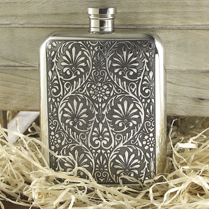 6oz Pewter Hip Flask with Victorian Floral Design