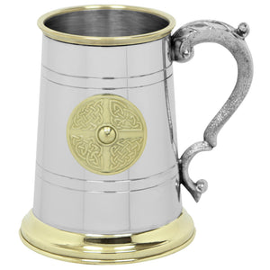 1 Pint* Pewter and Brass Beer Mug Tankard with Brass Celtic Badge