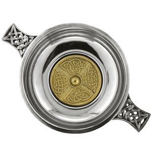3.5 Inch Celtic Knot Handle Pewter Quaich Bowl with Brass Badge
