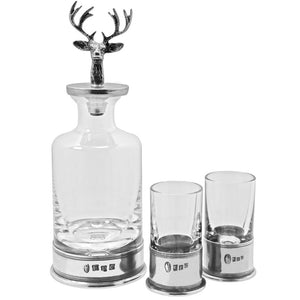 Whisky, Wine & Spirit Stag Head Pewter & Crystal Mini Decanter Set With Shot Glasses