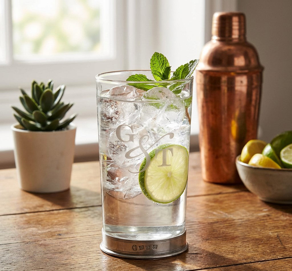 "G &amp; T" Highball Gin Glass with Pewter Base