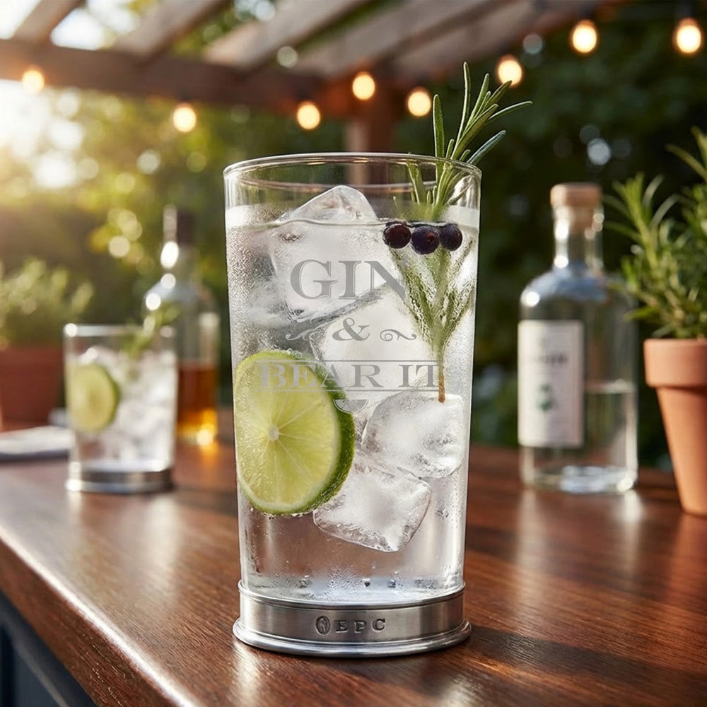 "Gin and Bear It" Highball Gin Glass with Pewter Base