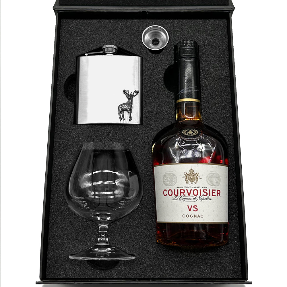Brandy Gift Set Includes Luxury Bottle, Brandy Glass, 6oz Stainless Steel Flask & Funnel