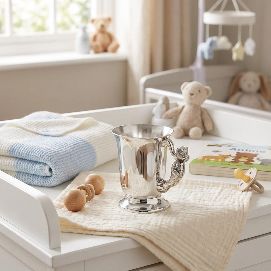 Teddy Bear Handle Pewter Christening Childs Cup