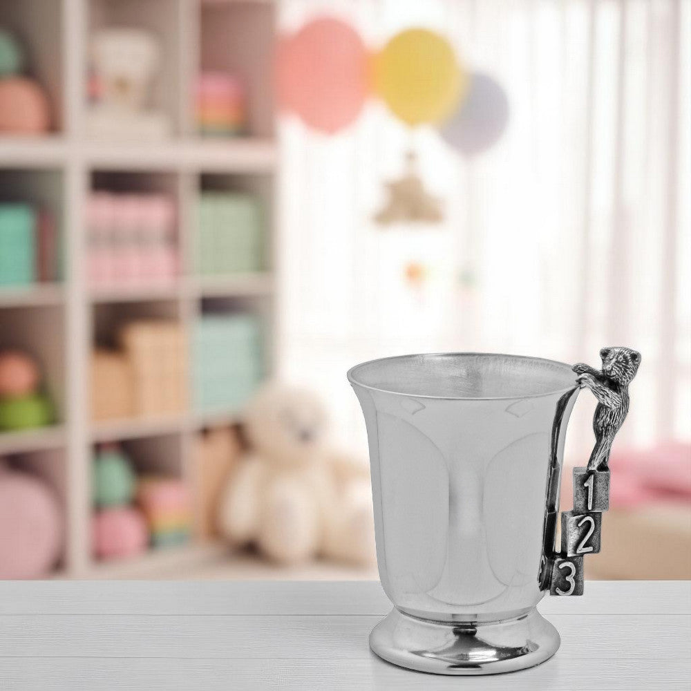 ABC 123 Orsetto con manico in peltro per il battesimo del bambino