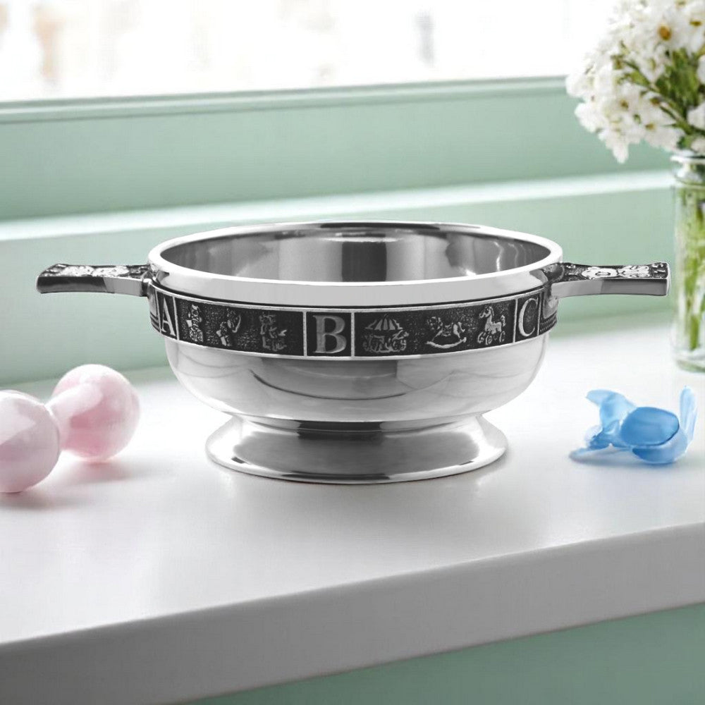 3,5 pollici per bambini peltro Quaich Bowl - ABC 123 Teddy Bear maniglie
