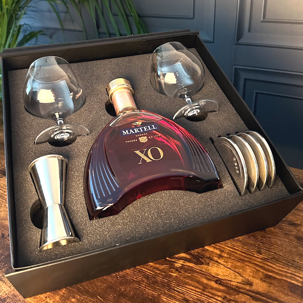Luxury Brandy Gift Set Includes Bottle, 2 Brandy Glasses, 4 Pewter Coasters &amp; Pewter Spirit Measure