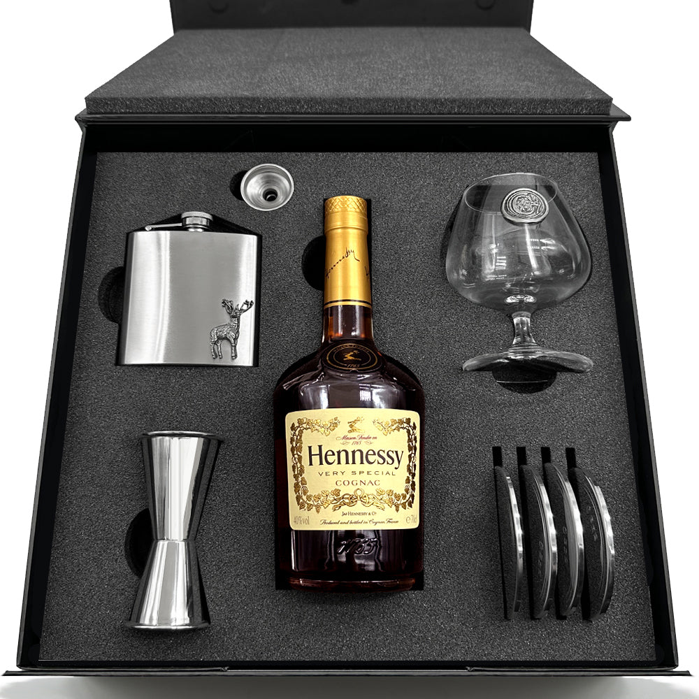 Luxury Brandy Gift Set Includes Bottle. Personalised Brandy Glass, 4 Pewter Coasters, Pewter Spirit Measure, 6oz Stainless Steel Hipflask &amp; Funnel
