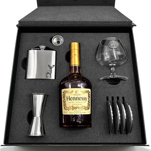 Luxury Brandy Gift Set Includes Bottle. Personalised Brandy Glass, 4 Pewter Coasters, Pewter Spirit Measure, 6oz Stainless Steel Hipflask & Funnel