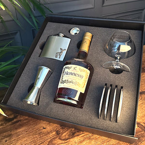 Luxury Brandy Gift Set Includes Bottle, Brandy Glass, 4 Pewter Coasters, Pewter Spirit Measure, 6oz Stainless Steel Hipflask & Funnel