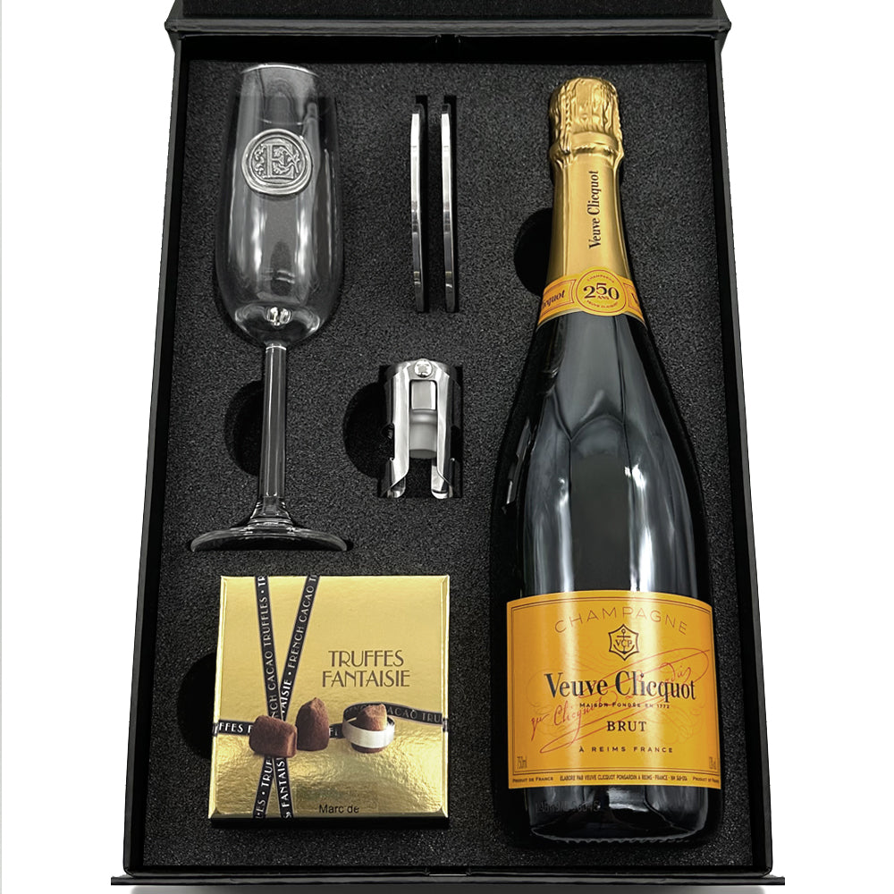 Luxury Champagne Gift Set Includes Bottle, Personalised Champagne Flute, Pewter Bottle Sealer, Pewter Coasters &amp; Truffles