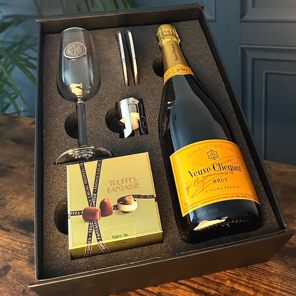 Luxury Champagne Gift Set Includes Bottle, Personalised Champagne Flute, Pewter Bottle Sealer, Pewter Coasters &amp; Truffles