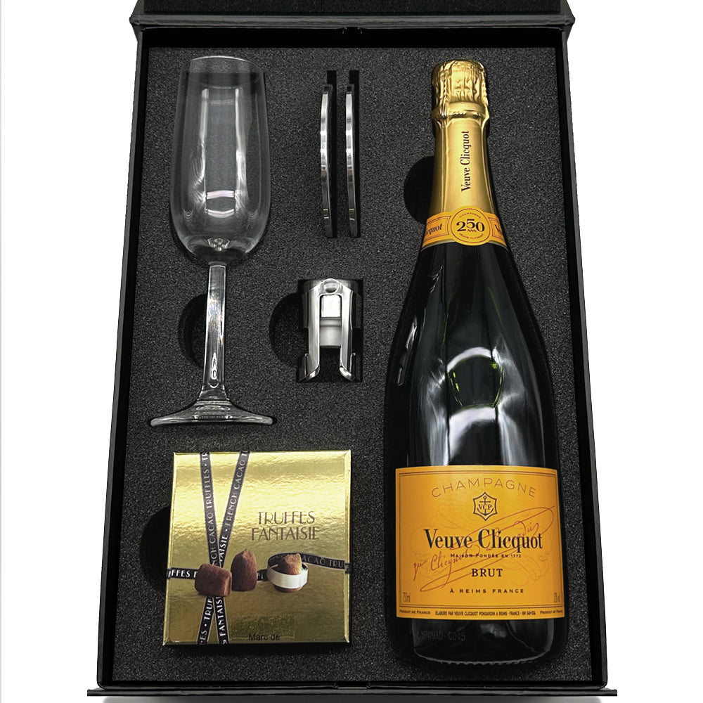 Luxury Champagne Gift Set Includes Bottle, Champagne Flute, Pewter Bottle Sealer, Pewter Coasters &amp; Truffles