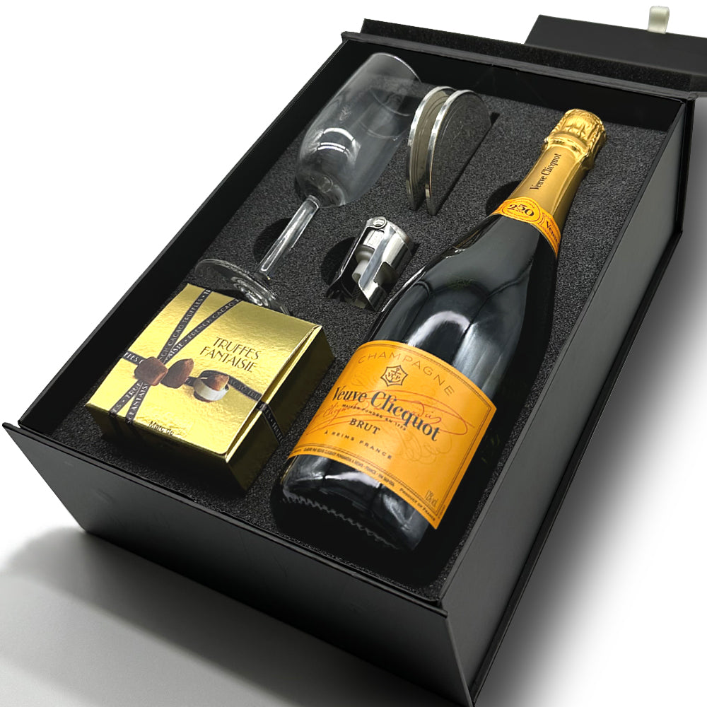 Luxury Champagne Gift Set Includes Bottle, Champagne Flute, Pewter Bottle Sealer, Pewter Coasters &amp; Truffles