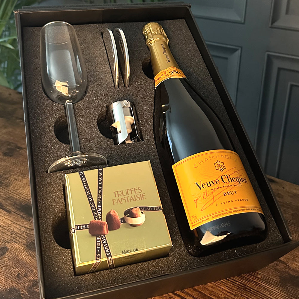 Luxury Champagne Gift Set Includes Bottle, Champagne Flute, Pewter Bottle Sealer, Pewter Coasters &amp; Truffles