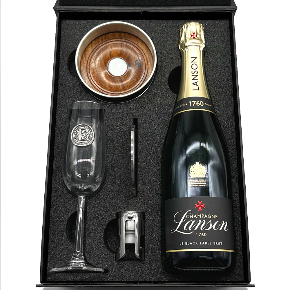 Luxury Champagne Gift Set Includes Bottle, Personalised Champagne Flute, Pewter Bottle Coaster, Pewter Champagne Sealer &amp; Pewter Coaster