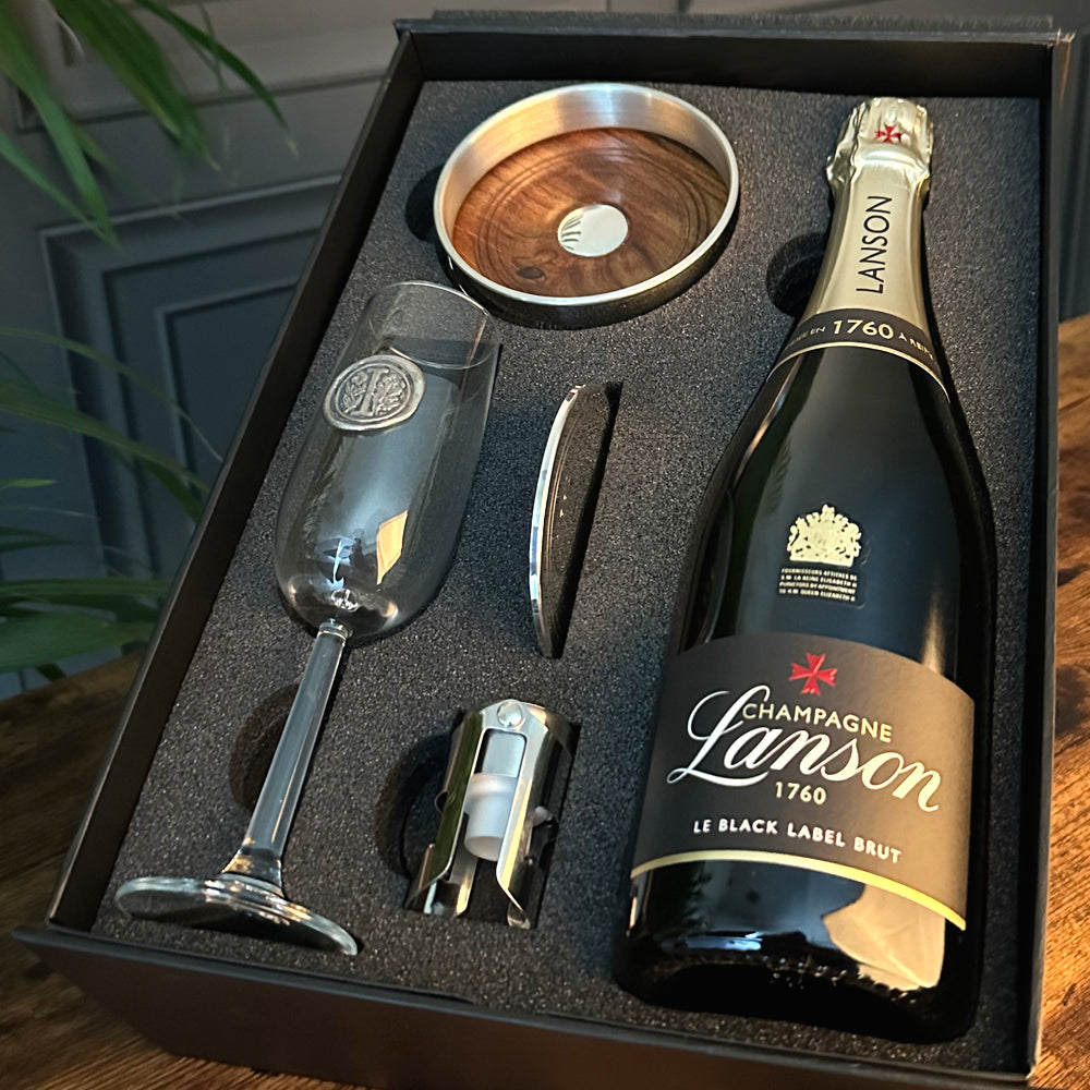 Luxury Champagne Gift Set Includes Bottle, Personalised Champagne Flute, Pewter Bottle Coaster, Pewter Champagne Sealer &amp; Pewter Coaster