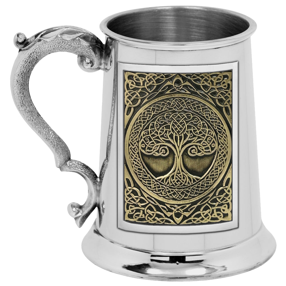 1pt* Pewter Tankard with Embossed Brass Tree of Life Design