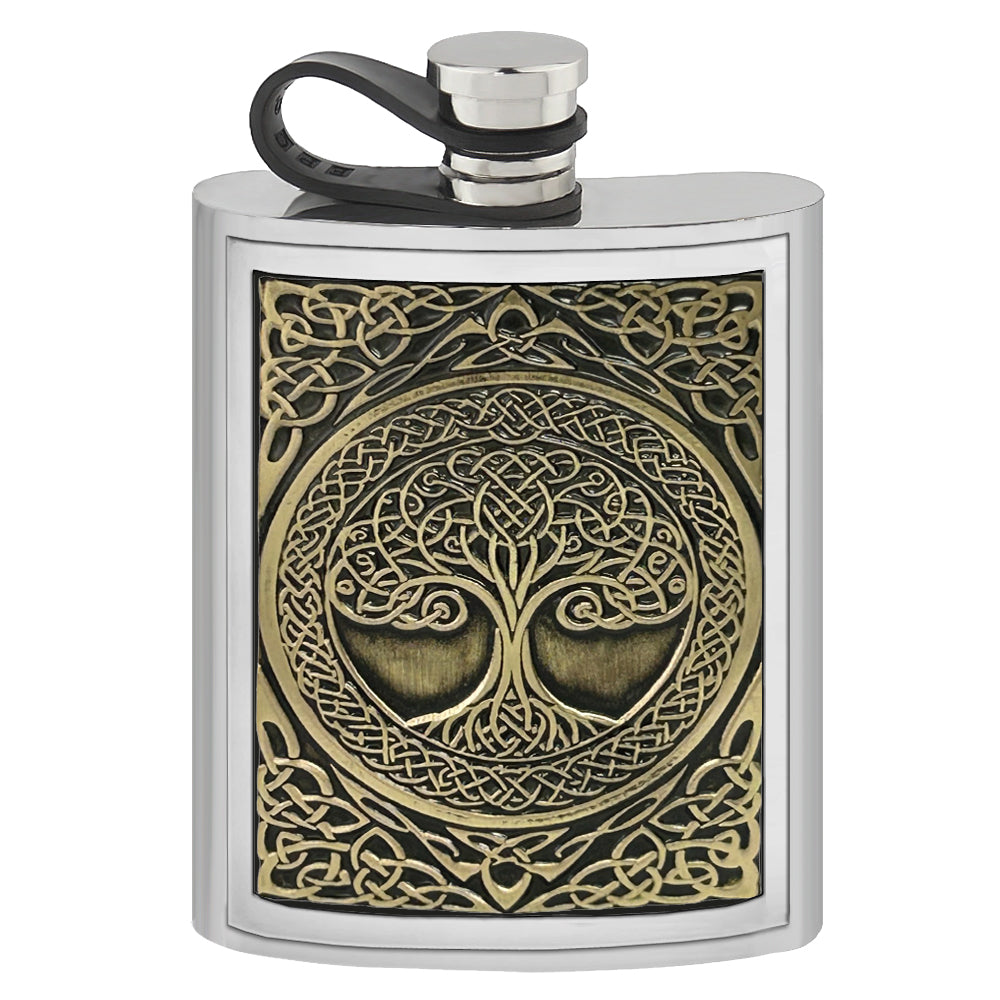 english factory 6oz Pewter Hip Flask with Embossed Brass Tree of Life design and Flexi Cap