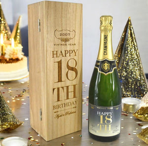 Cadeau d'anniversaire de 18 ans pour elle ou lui Bouteille de champagne personnalisée de 75 cl présentée dans un coffret en bois gravé