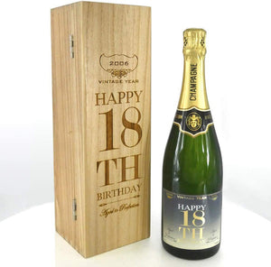 Cadeau d'anniversaire de 18 ans pour elle ou lui Bouteille de champagne personnalisée de 75 cl présentée dans un coffret en bois gravé