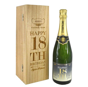 Cadeau de 21e anniversaire pour lui ou elle Bouteille de champagne personnalisée de 75 cl présentée dans une boîte en bois gravée.