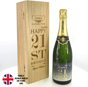 21° Regalo di Compleanno per Lui o Lei Bottiglia di Champagne personalizzata da 75cl presentata in una scatola di legno incisa