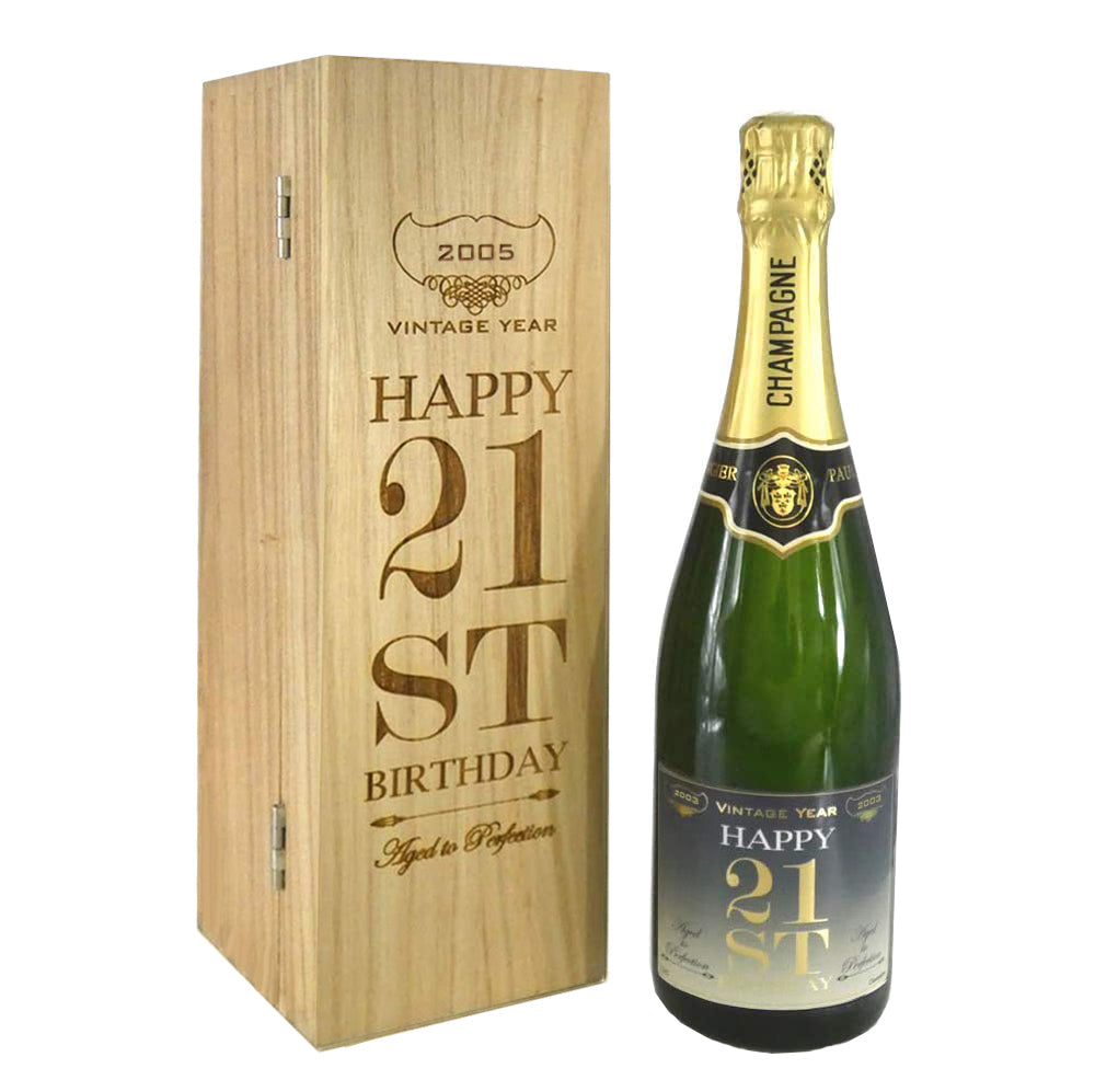 Cadeau de 21e anniversaire pour lui ou elle Bouteille de champagne personnalisée de 75 cl présentée dans une boîte en bois gravée.