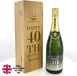 Cadeau de 40e anniversaire pour lui ou elle Bouteille de champagne personnalisée de 75 cl présentée dans une boîte en bois gravée.