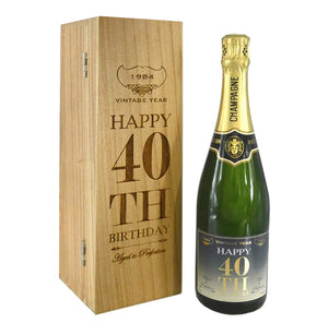 Cadeau de 40e anniversaire pour lui ou elle Bouteille de champagne personnalisée de 75 cl présentée dans une boîte en bois gravée.