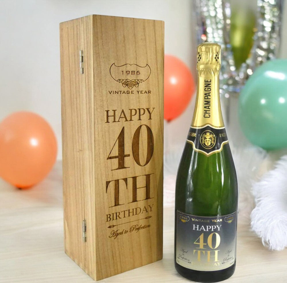 40th Birthday Gift For Him or Her Personalised 75cl Bottle of Champagne Presented in an Engraved Wooden Box 1986