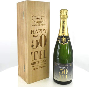 50. Geburtstag Geschenk für ihn oder sie personalisierte 75cl Flasche Champagner in einer gravierten Holzbox präsentiert