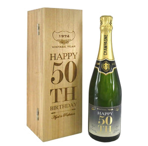 50th Birthday Gift For Him or Her Personalised 75cl Bottle of Champagne Presented in an Engraved Wooden Box 1974