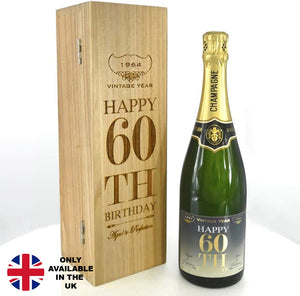 Cadeau de 60e anniversaire pour lui ou elle Bouteille de champagne personnalisée de 75 cl présentée dans une boîte en bois gravée.