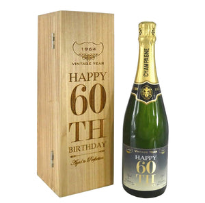 Cadeau de 60e anniversaire pour lui ou elle Bouteille de champagne personnalisée de 75 cl présentée dans une boîte en bois gravée.