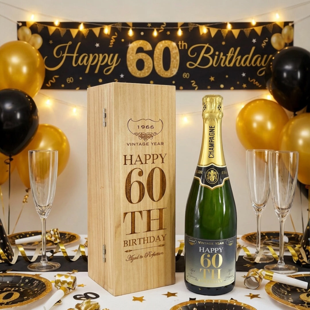 Cadeau de 60e anniversaire pour lui ou elle Bouteille de champagne personnalisée de 75 cl présentée dans une boîte en bois gravée.