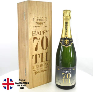 70. Geburtstag Geschenk für ihn oder sie personalisierte 75cl Flasche Champagner in einer gravierten Holzbox präsentiert