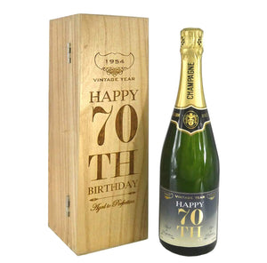 Cadeau d'anniversaire de 70 ans pour lui ou elle Bouteille de champagne personnalisée de 75 cl présentée dans une boîte en bois gravée.