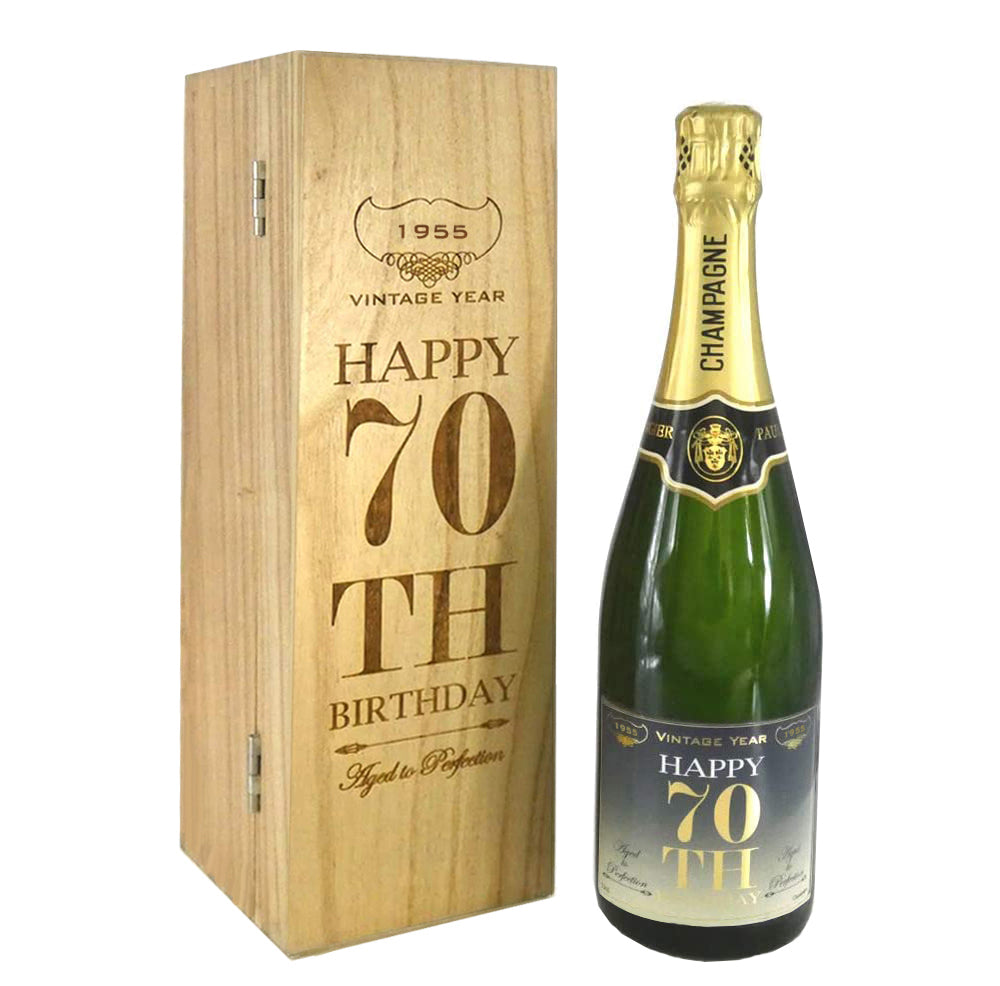 70th Birthday Gift For Him or Her Personalised 75cl Bottle of Champagne Presented in an Engraved Wooden Box 1955