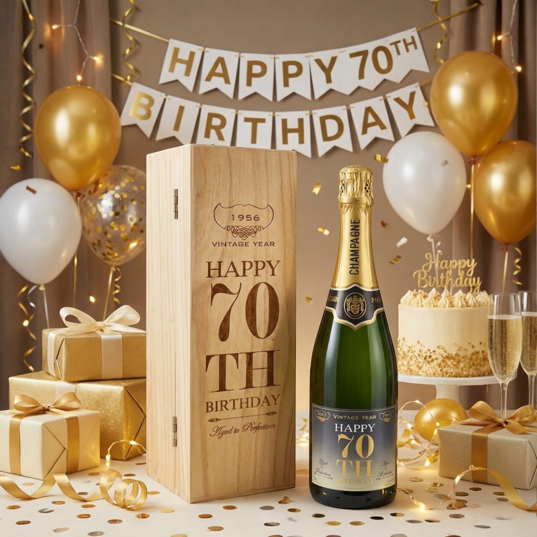 Cadeau d'anniversaire de 70 ans pour lui ou elle Bouteille de champagne personnalisée de 75 cl présentée dans une boîte en bois gravée.
