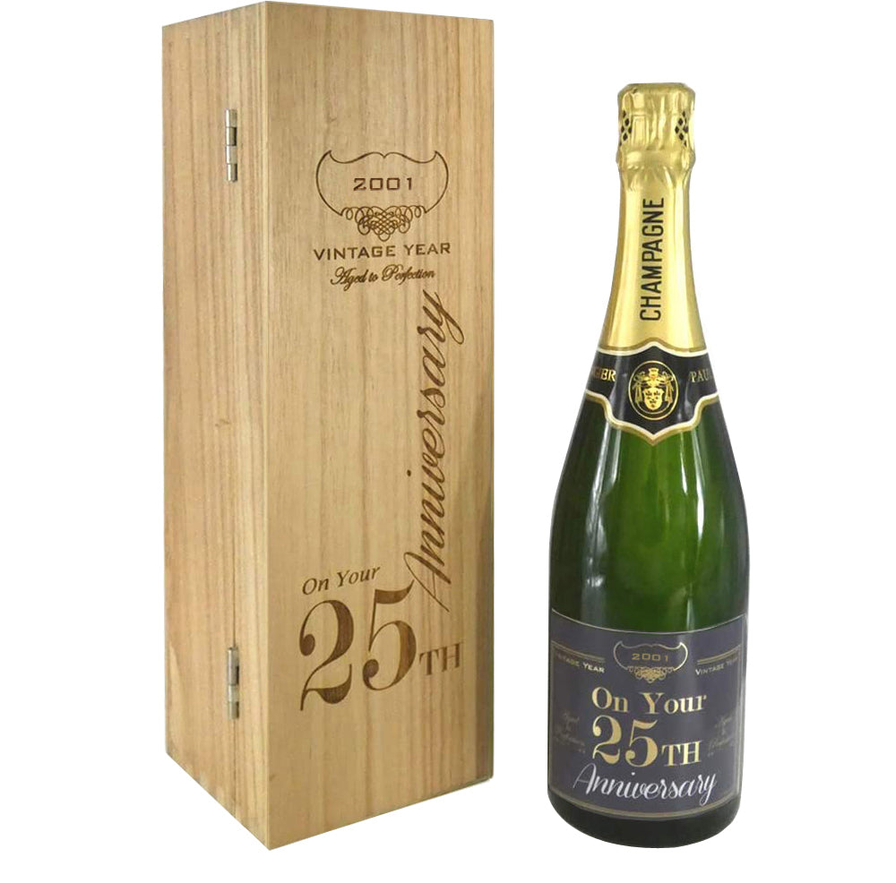 25° Anniversario Bottiglia di Champagne personalizzata da 75cl presentata in una scatola di legno incisa