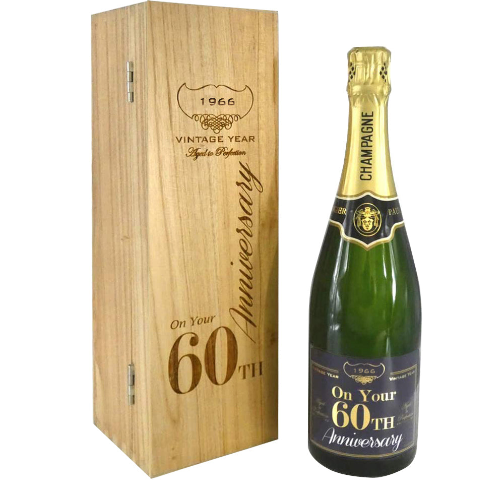 60° Anniversario Bottiglia di Champagne personalizzata da 75cl presentata in una scatola di legno incisa