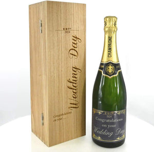 Regalo di coppia per il giorno del matrimonio Bottiglia di champagne personalizzata da 75cl Presentata in una scatola di legno incisa