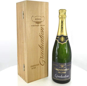 Regalo di laurea Bottiglia di champagne personalizzata da 75cl Presentata in una scatola di legno incisa