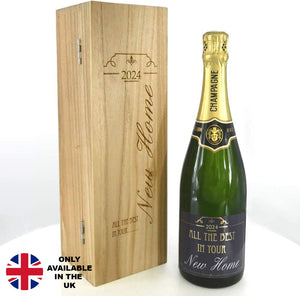 New Home Gift Bouteille de champagne personnalisée de 75 cl présentée dans une boîte en bois gravée