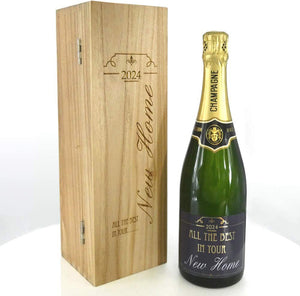 Nuovo regalo per la casa Bottiglia di champagne da 75cl personalizzata presentata in una scatola di legno incisa
