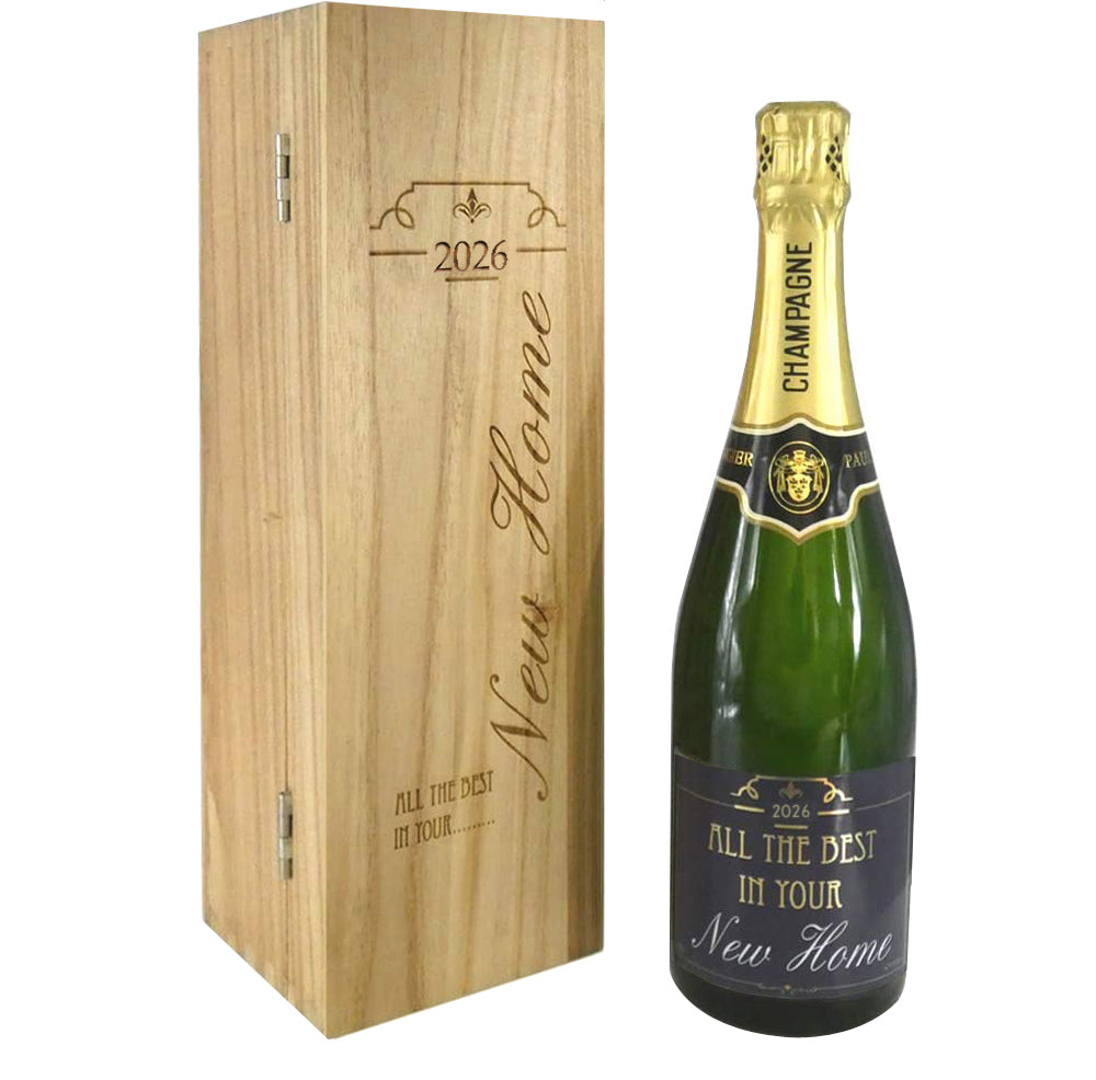 New Home Gift Bouteille de champagne personnalisée de 75 cl présentée dans une boîte en bois gravée