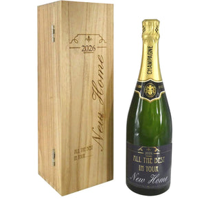 Nuovo regalo per la casa Bottiglia di champagne da 75cl personalizzata presentata in una scatola di legno incisa