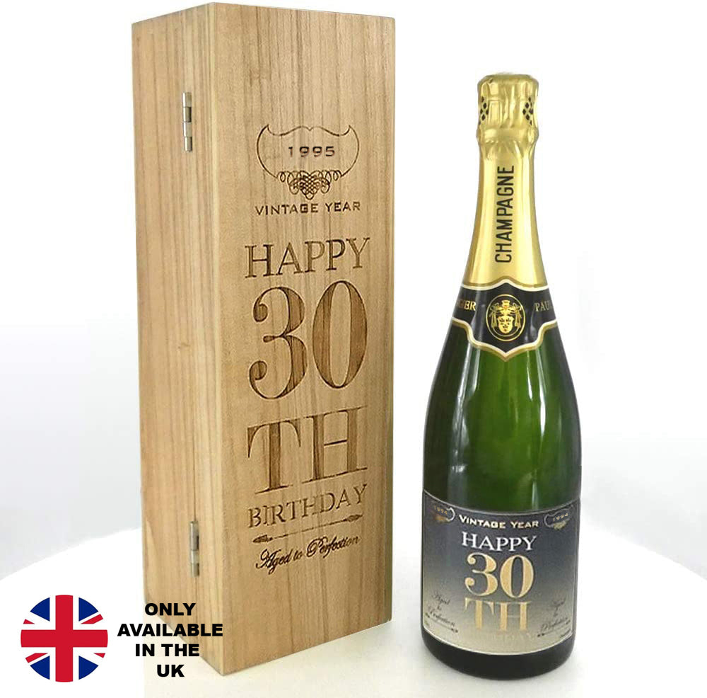 Cadeau de 30e anniversaire pour elle ou lui Bouteille de champagne personnalisée de 75 cl présentée dans une boîte en bois gravée.